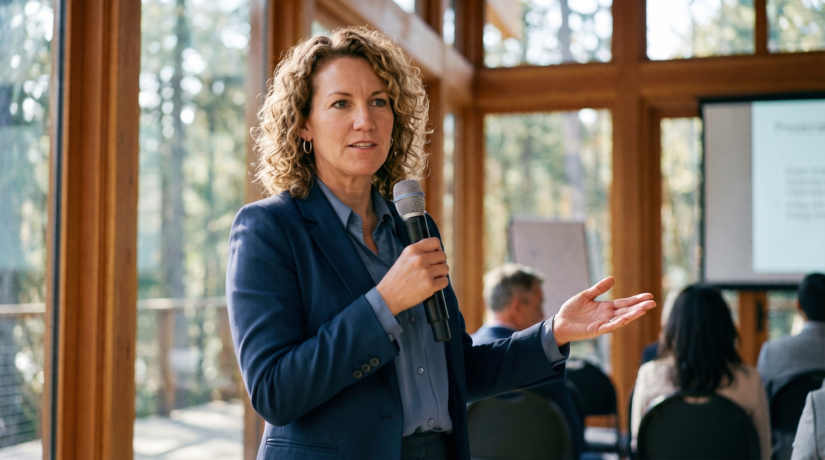 A confident leader addressing a room during a leadership training session