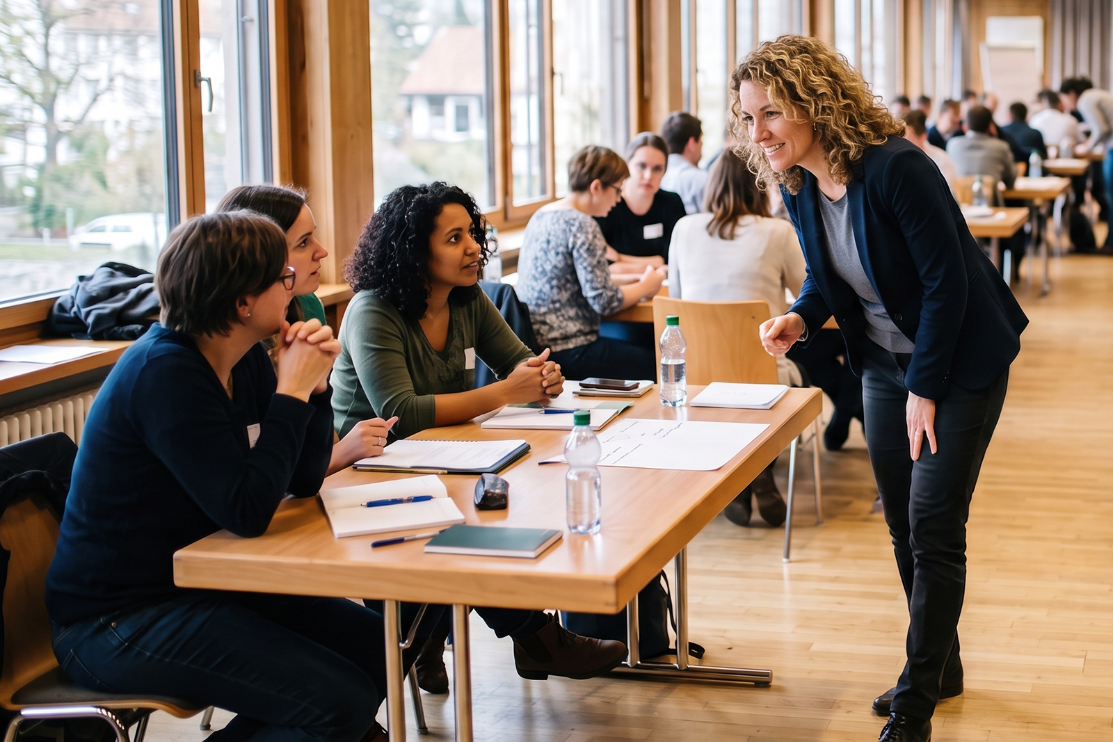 A coach speaking with leaders during a workshop